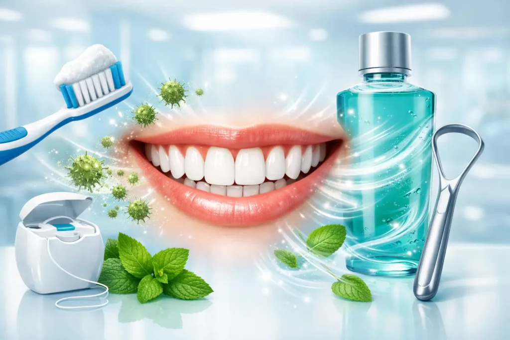Oral hygiene tools including toothbrush with toothpaste, mouthwash, dental floss, tongue scraper and mint leaves helping eliminate bad breath bacteria around a healthy smile