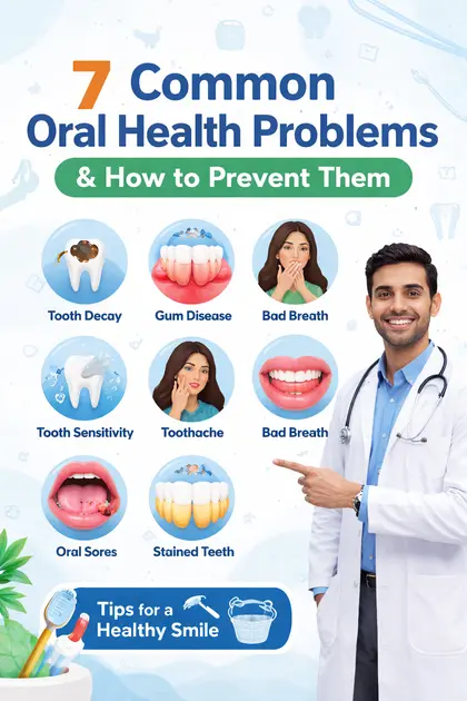 Common oral health problems including tooth decay, gum disease, tooth sensitivity, bad breath, oral sores, stained teeth and toothache