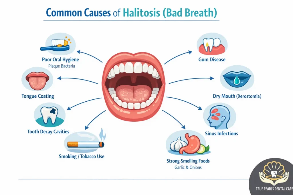 Common causes of halitosis (bad breath) infographic showing poor oral hygiene, tongue coating, gum disease, tooth decay, dry mouth, smoking, strong foods, sinus infection and digestive issues.