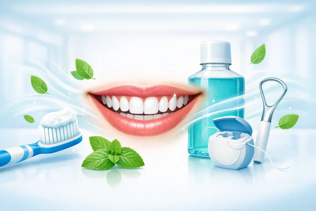 Healthy smiling teeth representing fresh breath and oral hygiene care using best toothpaste for bad breath and beat mouthwash for bad breath