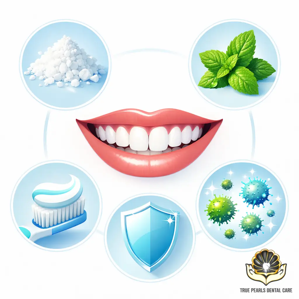 Infographic showing ingredients that help fight bad breath including baking soda, mint leaves, toothpaste, antibacterial action, and enamel protection around a healthy smile