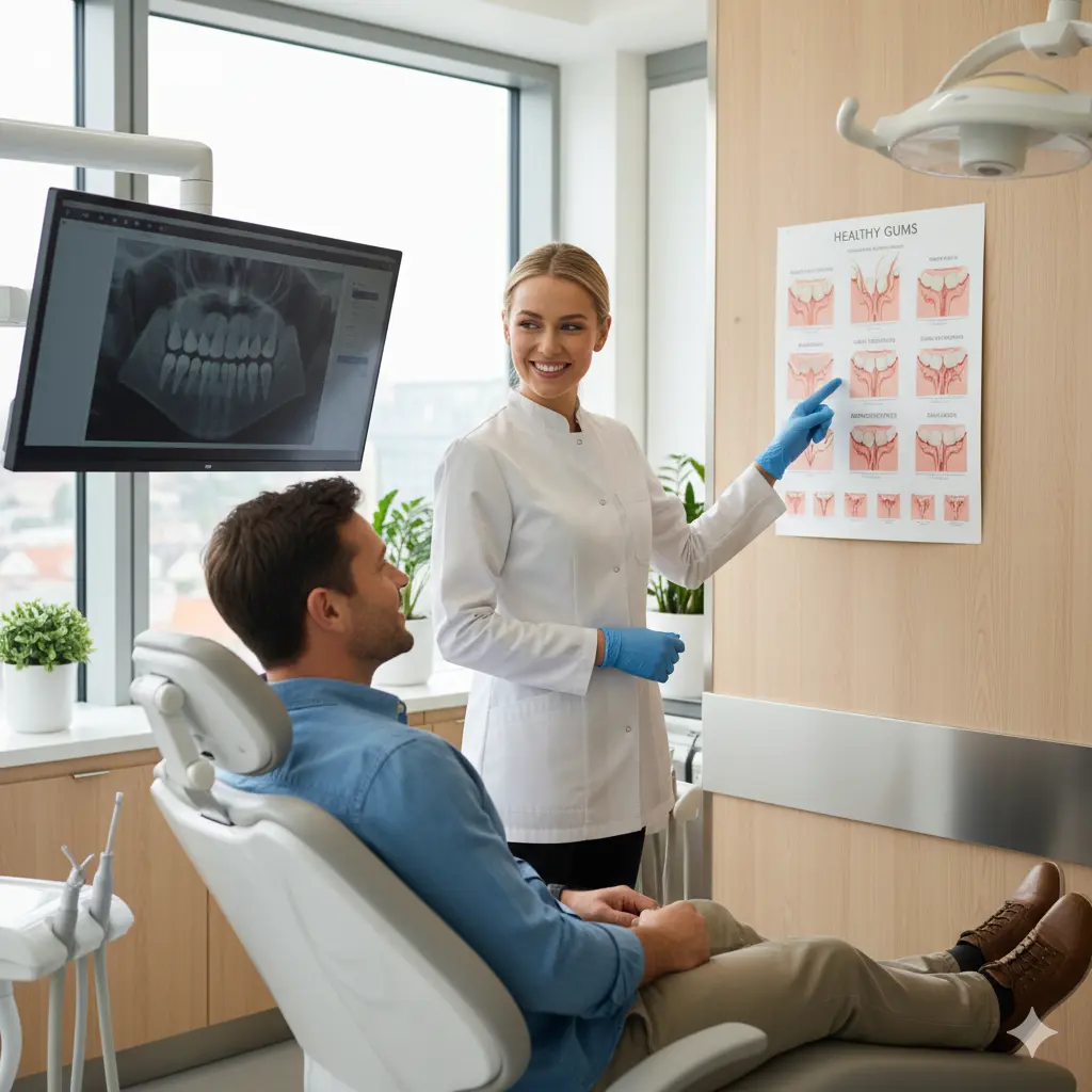 Dentist explaining scaling and root planing procedure to patient at Dr. Kaur’s True Pearls Dental Care, Ranchi for healthy gums