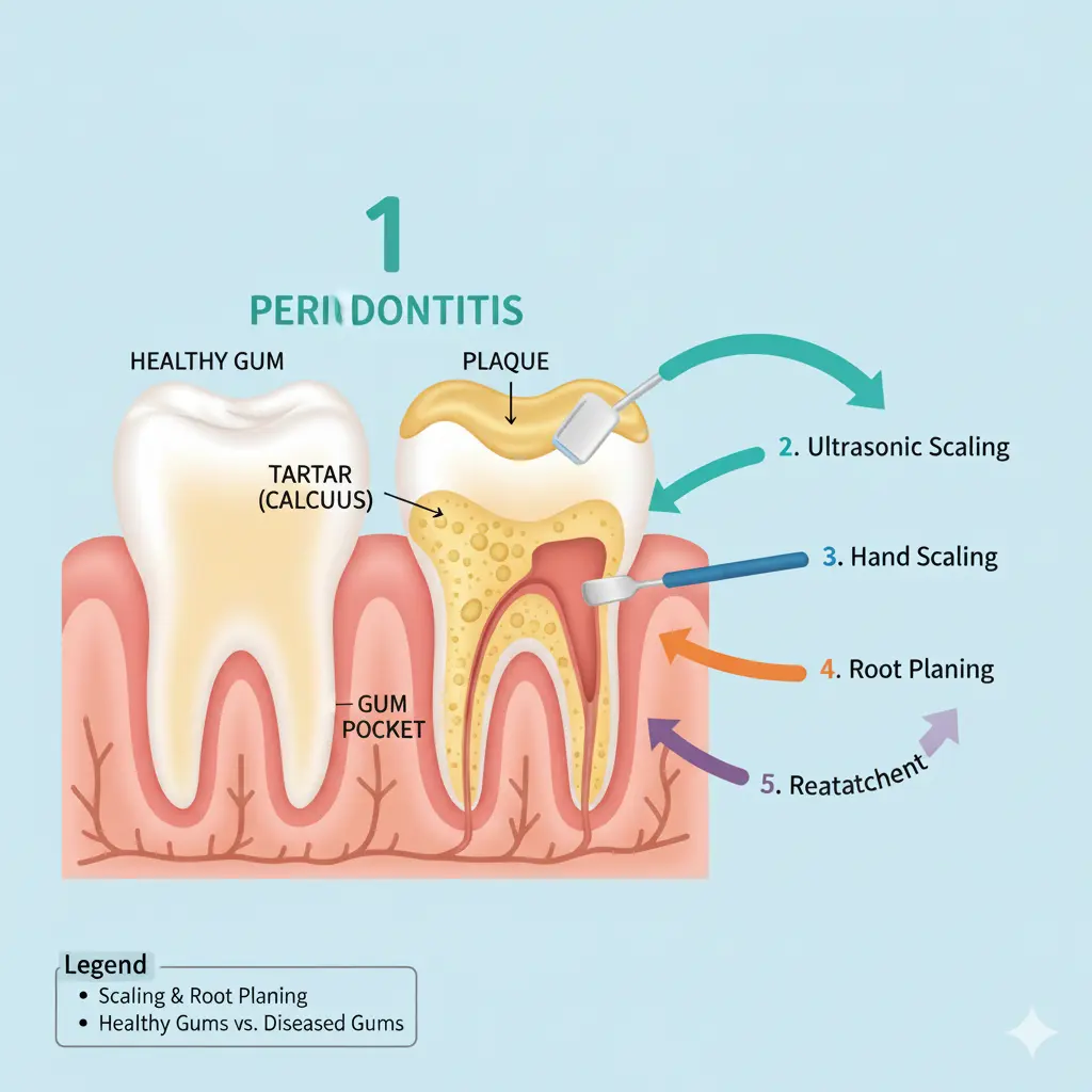 Tooth cross-section showing plaque, tartar, and gum pockets during scaling and root planing, deep cleaning for gums in Ranchi