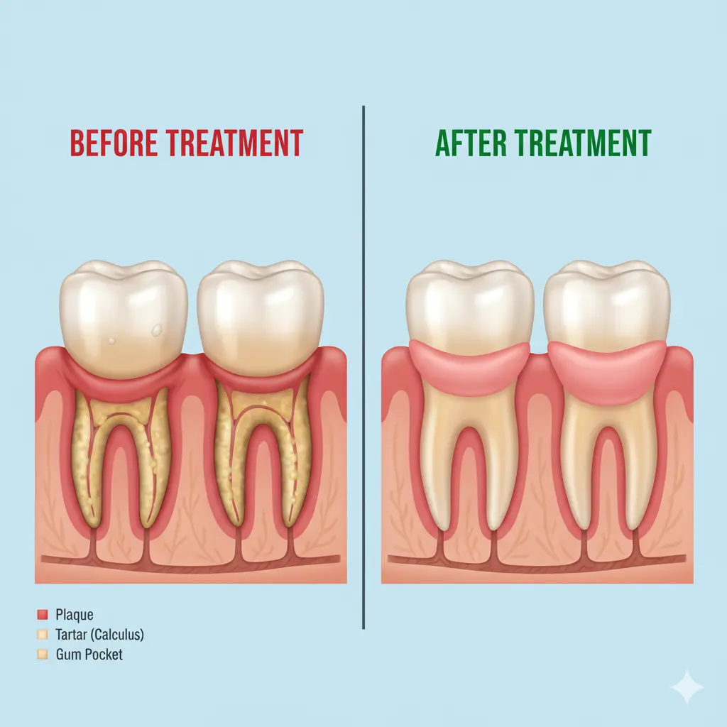 Before and after image showing reduced gum inflammation after professional scaling and root planing, teeth cleaning in Ranchi