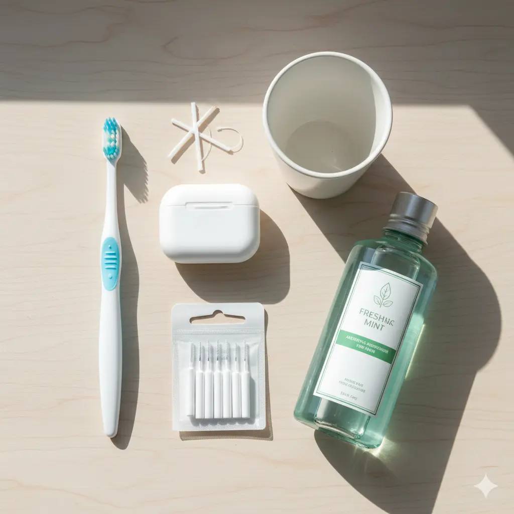 Soft toothbrush, interdental brushes, floss, and mouthrinse for maintaining healthy gums after deep cleaning, Dr. Kaur’s True Pearls Dental Care