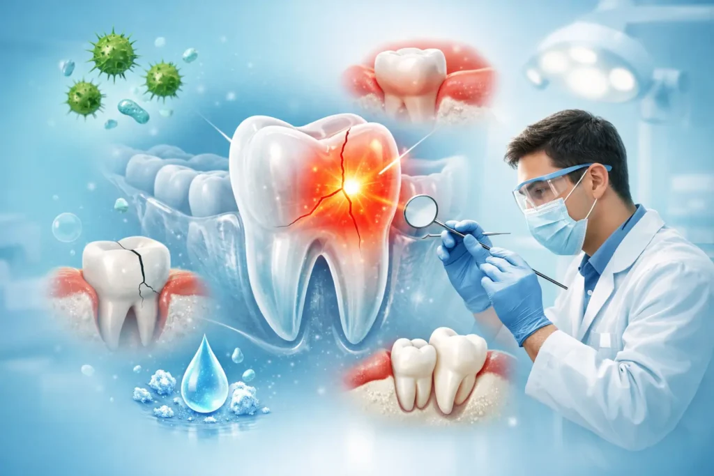 causes of tooth pain illustration showing tooth decay, cracked tooth, gum inflammation, dentin sensitivity and dentist examining a painful tooth