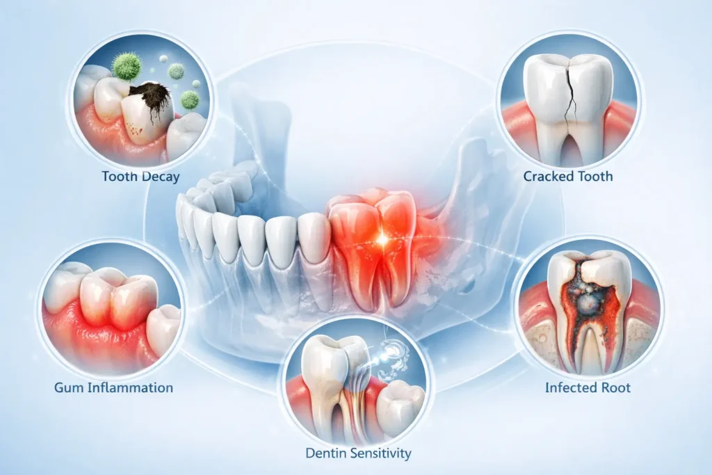 infographic showing common causes of tooth pain including cavities gum disease cracked tooth and infection