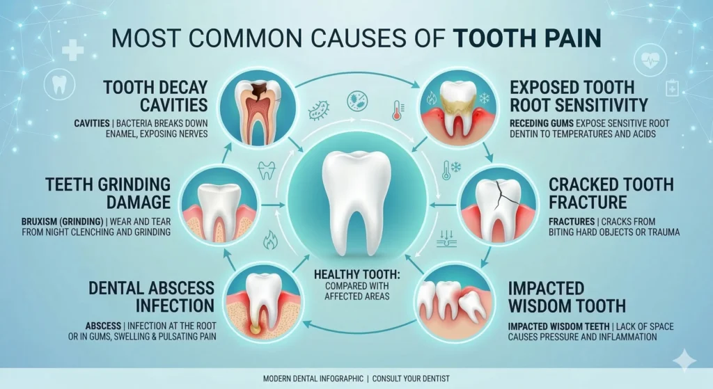 infographic showing major causes of tooth pain including cavities gum disease cracked teeth wisdom teeth and dental abscess