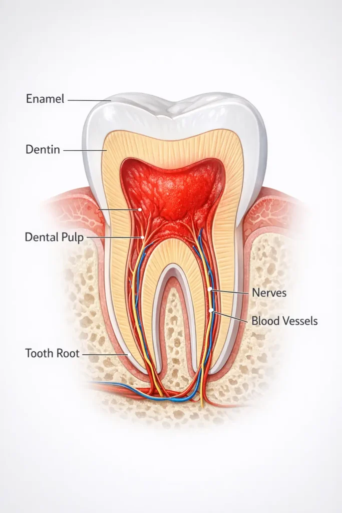 cross section diagram of tooth anatomy showing enamel dentin dental pulp nerves and tooth root
