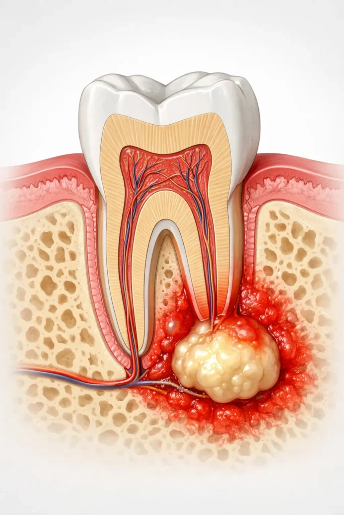 dental abscess infection at tooth root showing inflamed tissue and pus pocket