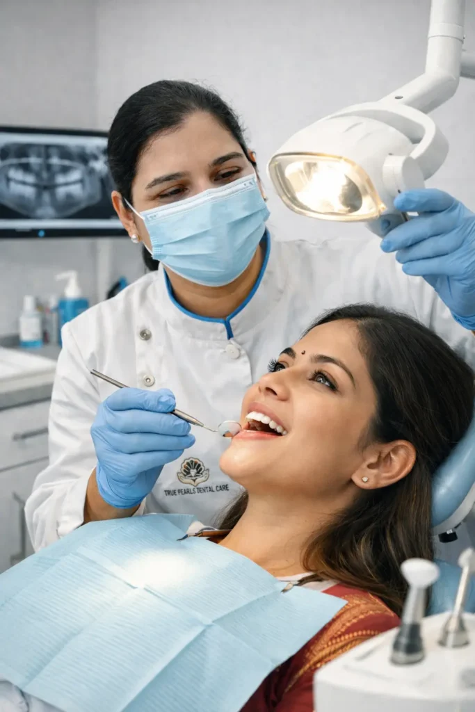 Dr Gurinder Kaur dentist examining patient for tooth pain treatment in Dr Kaur's True Pearls Dental Care Ranchi