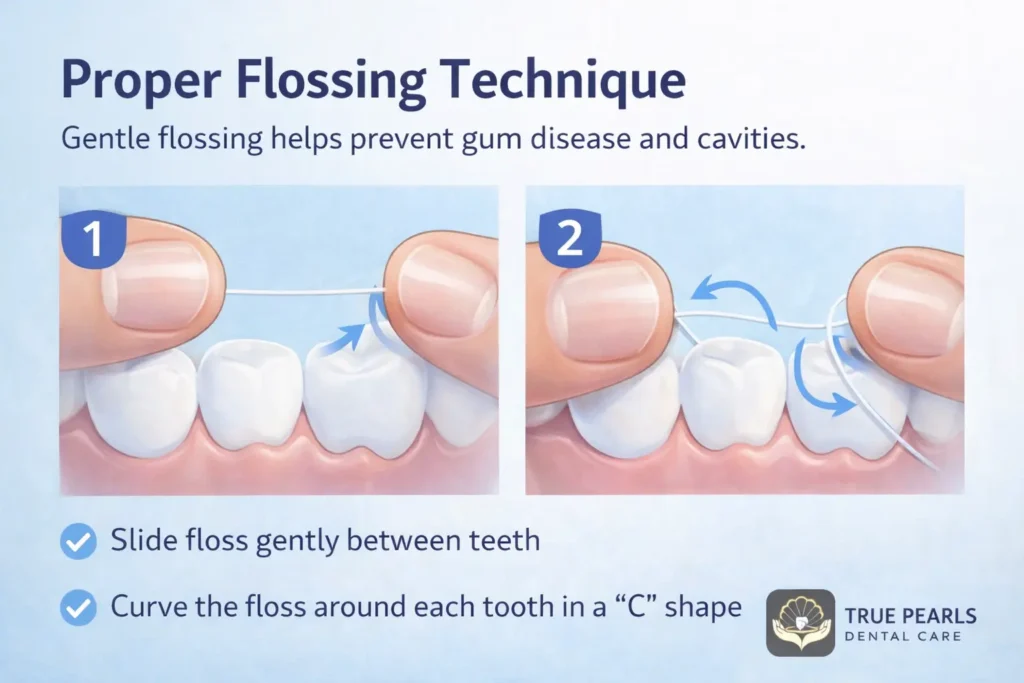 correct dental flossing technique between teeth
