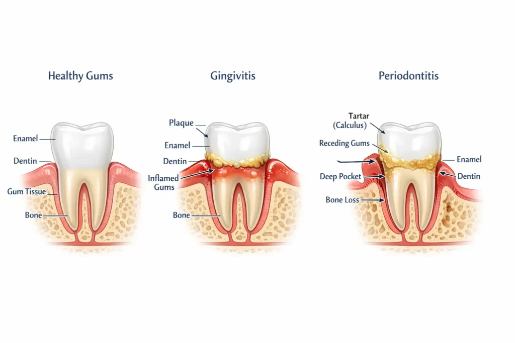 Diagram showing stages of gum disease from healthy gums to gingivitis and periodontitis