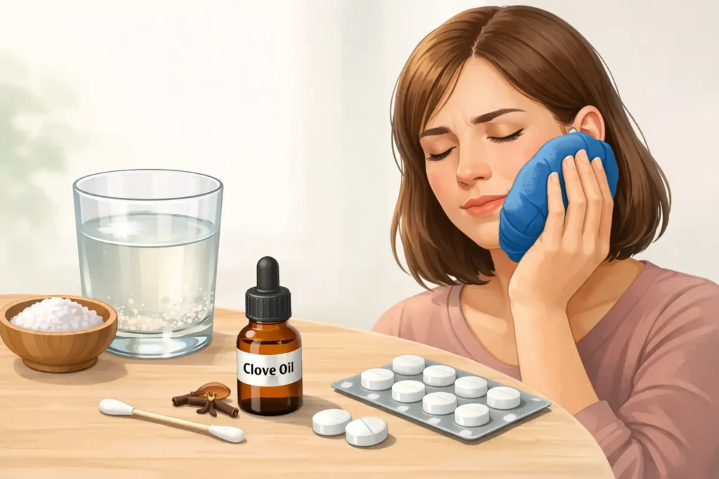 home remedies for tooth pain including saltwater rinse clove oil and cold compress