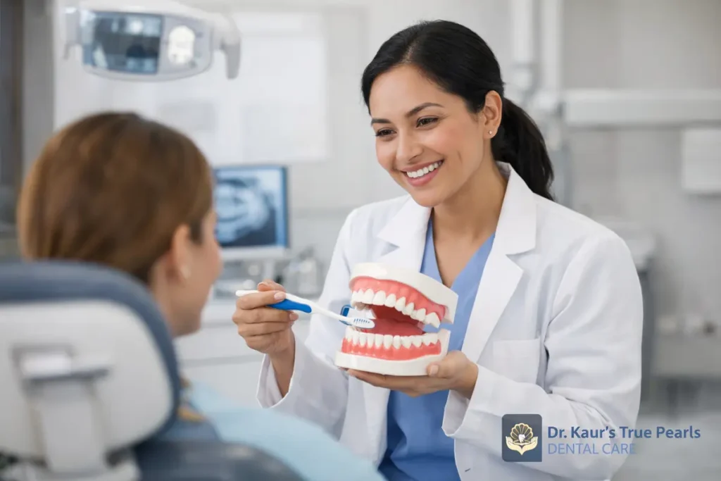 dentist explaining oral hygiene tips using dental model