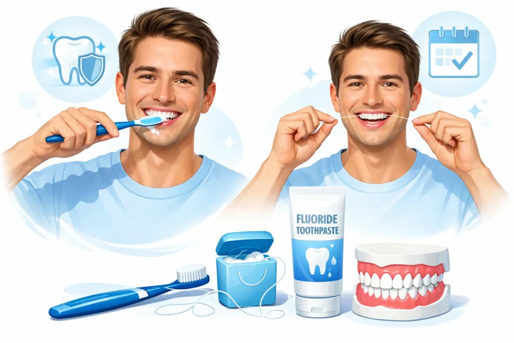daily oral hygiene habits including brushing flossing and dental care to prevent tooth pain