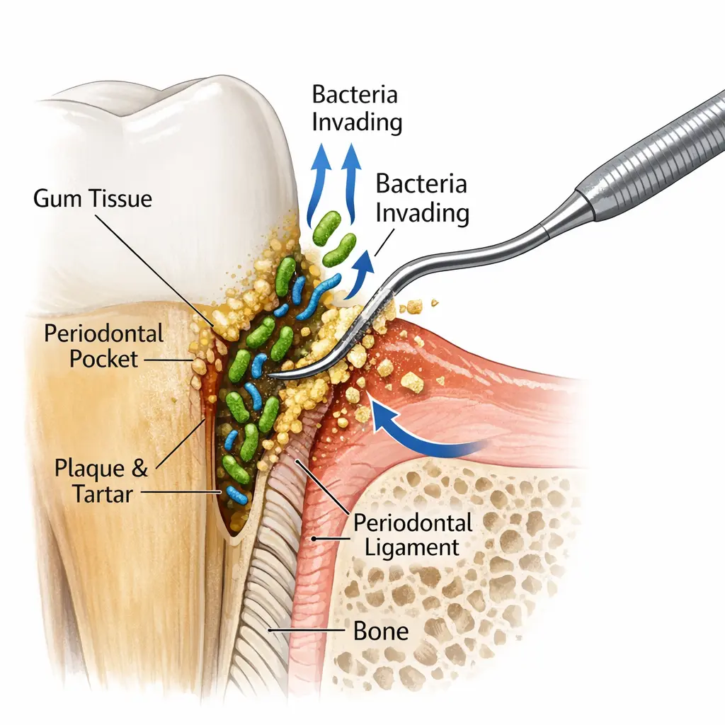 Dental diagram showing deep periodontal pocket cleaned during scaling and root planing