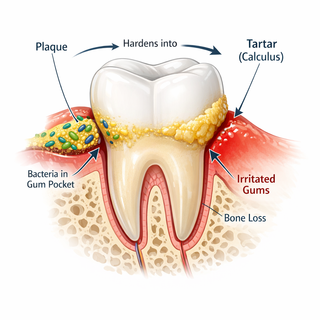 Plaque and tartar buildup along the gumline causing gum inflammation