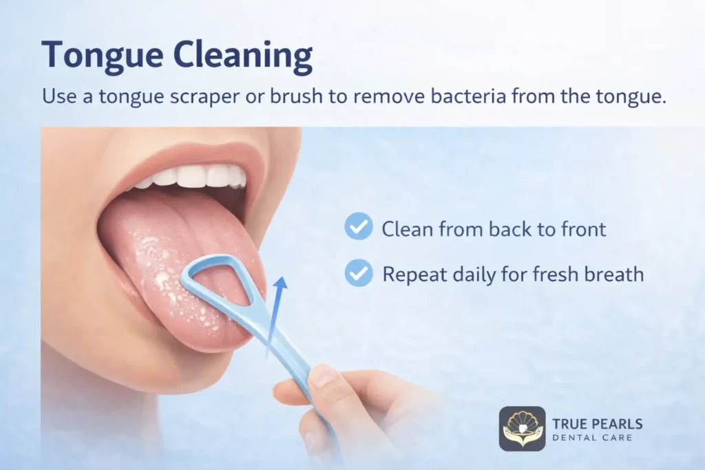 tongue cleaning using tongue scraper to remove bacteria