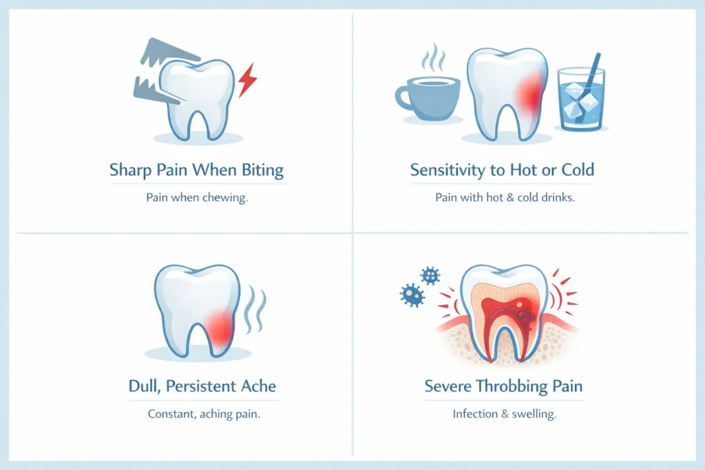 infographic showing different types of tooth pain including sharp pain sensitivity dull ache and throbbing pain