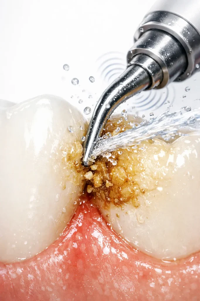 Ultrasonic dental scaler removing tartar during professional teeth cleaning